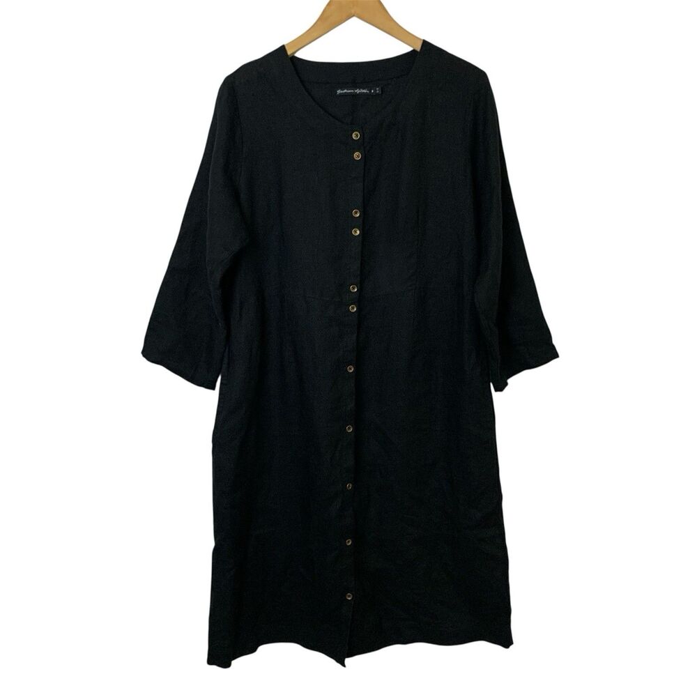 Gudrun Sjoden Black 100% Linen Button Front Midi Shirt Dress Size M Minimalist